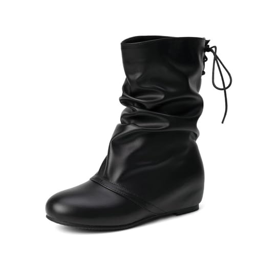 LeaHy Women Ankle Boots Winter PU Leather Round Toe Flat Back Lace Up Ankle Boots Fur Lined Snow Boots,Schwarz,38 EU von LeaHy