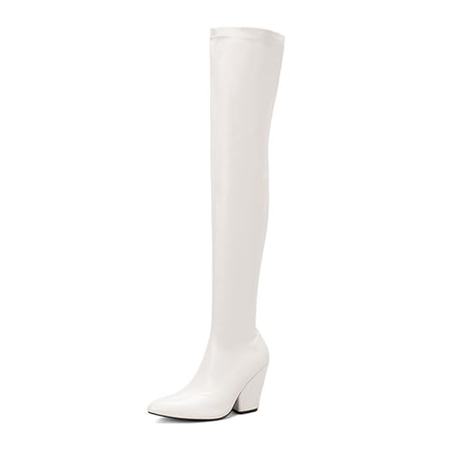 LeaHy Women's Long Shaft Boots PU Leather Pointed Block Heel Over The Knee Stretch Ankle Boots,Weiß,43 EU von LeaHy