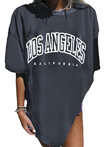 LeaLac Sport Oversize T Shirt Sweatshirt Oberteile Damen Teenager Mädchen Langes T Shirt Damen Los Angeles Vintage Pullover T Shirt LDE18-426-Grau-L von LeaLac