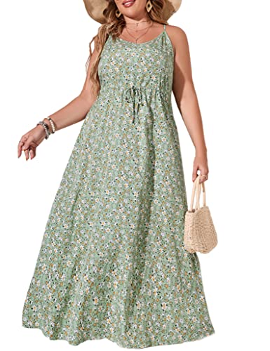 Leadingstar Sexy Maxikleid Sommerkleider für Frauen Ärmellos Causal Plus Size Bodenlang Lange Sommerkleider, Hellgrün und Blume, 3X-Groß von Leadingstar