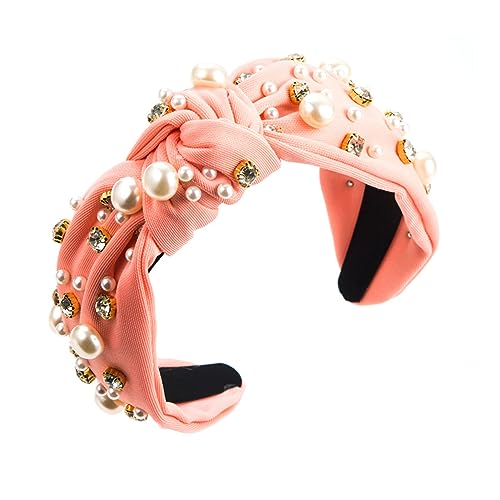 Verziert Haar Hoop Mode Geknotet Breite Stirnband mit Faux Perlen Strass Dekor Bestickt Garn Frauen Bequem Fab Pink von Leadrop