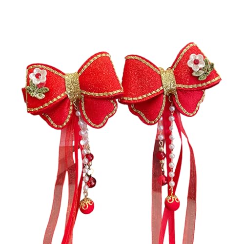 Haarschmuck, 1 Paar Mädchen Haarnadeln Chinesischen Stil Quaste Plüsch Ball Faux Perle Bogen Dekor Anti-Rutsch Festliche Foto Prop Neujahr Haar Dekoration von Leadthin