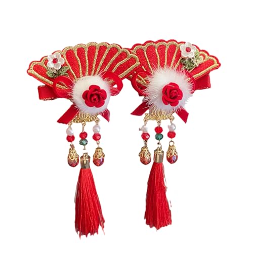 Haarschmuck, 1 Paar Mädchen Haarnadeln Chinesischen Stil Quaste Plüsch Ball Faux Perle Bogen Dekor Anti-Rutsch Festliche Foto Prop Neujahr Haar Dekoration von Leadthin