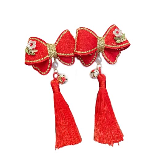 Haarschmuck, 1 Paar Mädchen Haarnadeln Chinesischen Stil Quaste Plüsch Ball Faux Perle Bogen Dekor Anti-Rutsch Festliche Foto Prop Neujahr Haar Dekoration von Leadthin