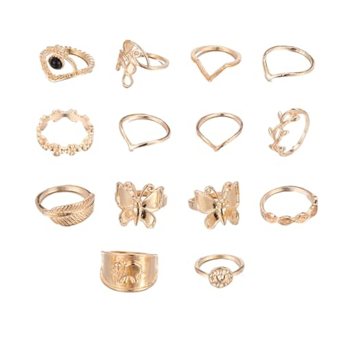 Leadthin 14-teiliges Ring-Set für Damen, Blumenform, poliert, glatt, Edelstahl, ethnische Legierung, Pendler, stapelbar, Finger-Schmuck, Wie beschrieben, Kein Edelstein von Leadthin