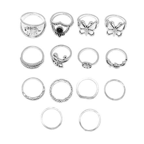 Leadthin 14-teiliges Ring-Set für Damen, Blumenform, poliert, glatt, Edelstahl, ethnische Legierung, Pendler, stapelbar, Finger-Schmuck, Wie beschrieben, Kein Edelstein von Leadthin