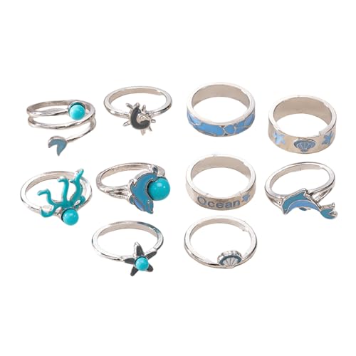 Leadthin Damen-Ringe, 10-teiliges Knöchelring-Set für Damen, Mädchen, Teenager, Türkis, stapelbar, Midi-Fingerringe, Oktopus, Delfin, Seestern, Jakobsmuschel, Wie beschrieben, Kein Edelstein von Leadthin