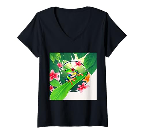 Damen Rotäugiger Baumfrosch – Cartoon-Stil T-Shirt mit V-Ausschnitt von Leaf & Leap