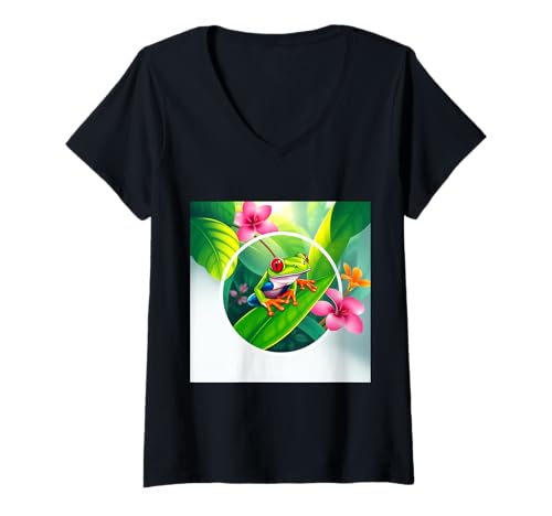 Damen Rotäugiger Baumfrosch auf einem Blatt T-Shirt mit V-Ausschnitt Damen Rotäugiger Baumfrosch auf einem Blatt T-Shirt mit V-Ausschnitt von Leaf & Leap
