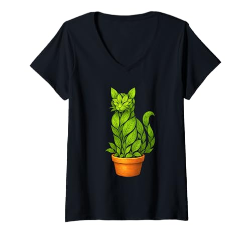 Damen Blattförmige Katze, Formschnitt, Grün T-Shirt mit V-Ausschnitt von LeafWhisker