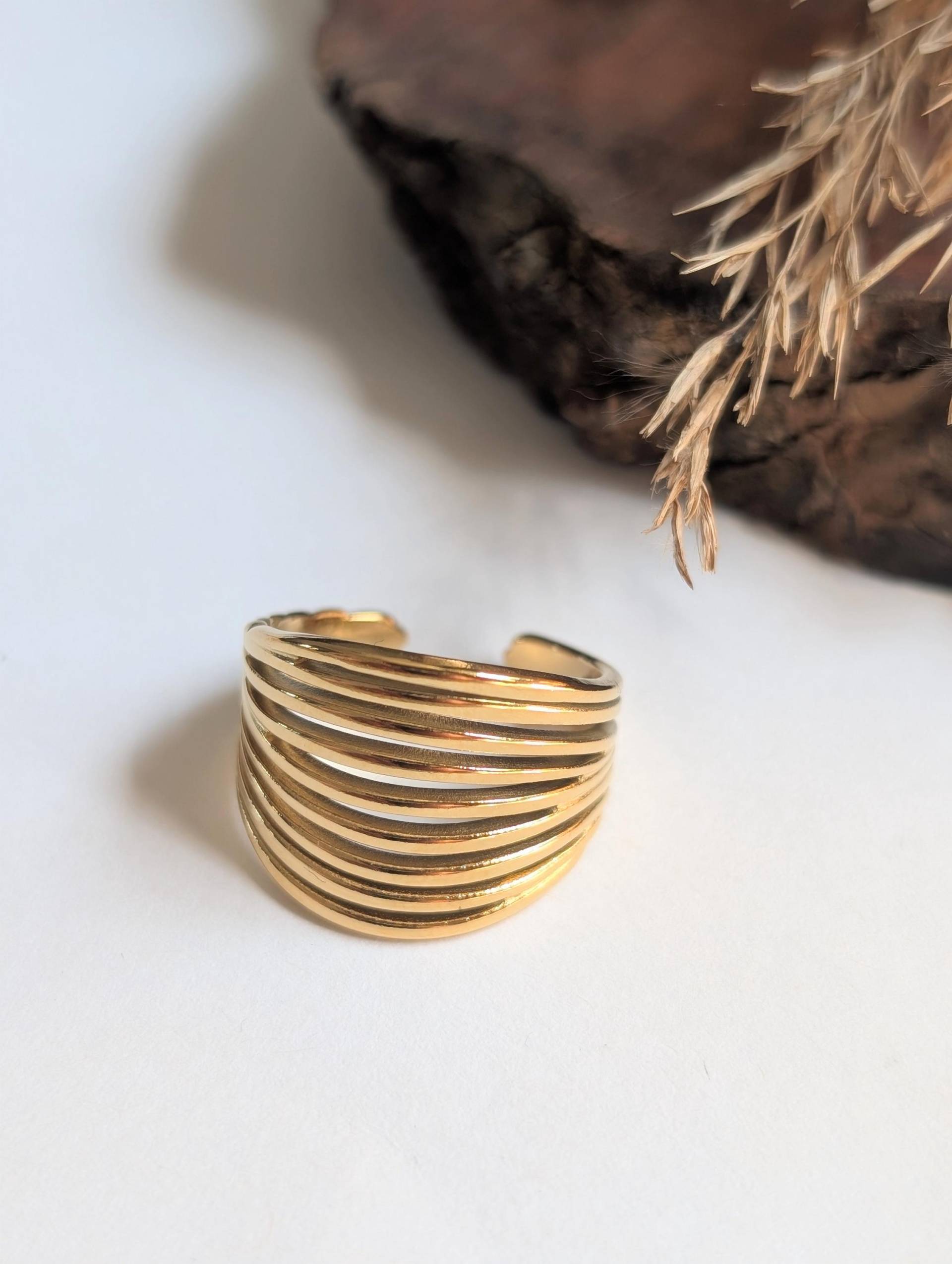 Mehrreihiger Boho Statement Ring Breit Edelstahl Vergoldet Verstellbar Gold Breiter Offener von Leafberries