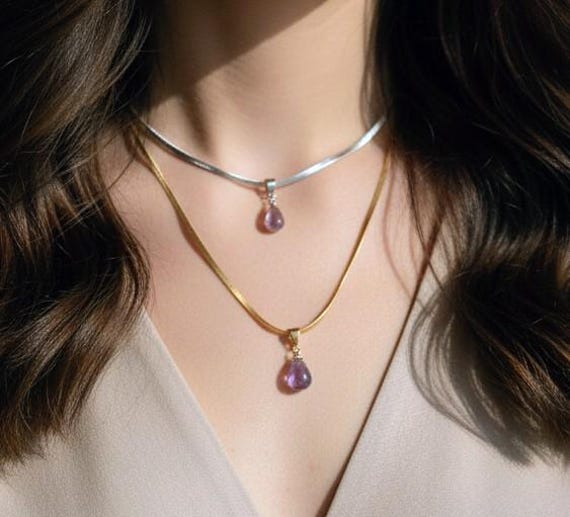 Schlangen Kette Mit Amethyst Anhänger Fischgrät Boho Schlangenkette von Leafberries