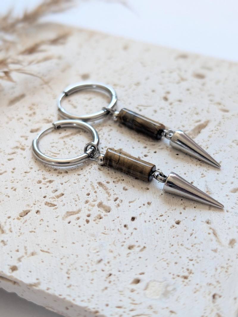 Unisex Creole Tigerauge Männer Creolen Mit Und Pendelanhänger Edelstahl Unisex von Leafberries