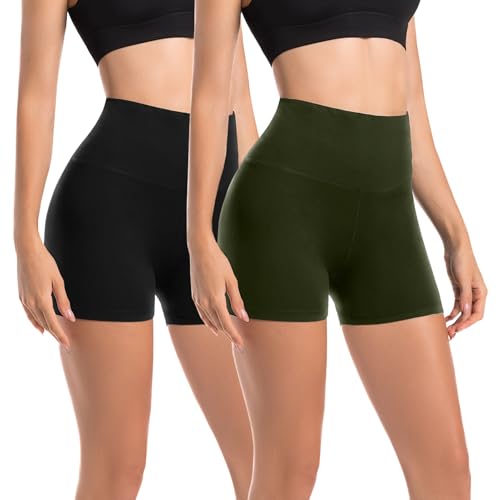 Leafigure 2er Pack Radlerhose Damen Kurz Set Hohe Taille Sporthose Shorts Blickdicht Sommer Hotpants Leggings für Gym Fitness Yoga Schwarz/Grün SM von Leafigure