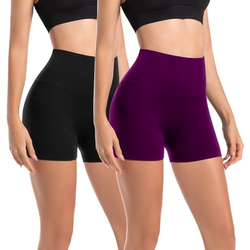 Leafigure 2er Pack Radlerhose Damen Kurz Set Hohe Taille Sporthose Shorts Blickdicht Sommer Hotpants Leggings für Gym Fitness Yoga Schwarz/Pflaumenviolett SM von Leafigure