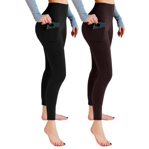 Leafigure 2er Pack Sport Leggings Damen High Waist Sporthose Damen Mit Taschen Gym Leggings Blickdicht für Sport Yoga Schwarze/Braun LXL von Leafigure