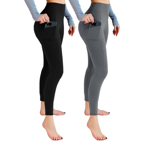 Leafigure 2er Pack Sport Leggings Damen High Waist Sporthose Damen Mit Taschen Gym Leggings Blickdicht für Sport Yoga Schwarze/Grau XXL von Leafigure