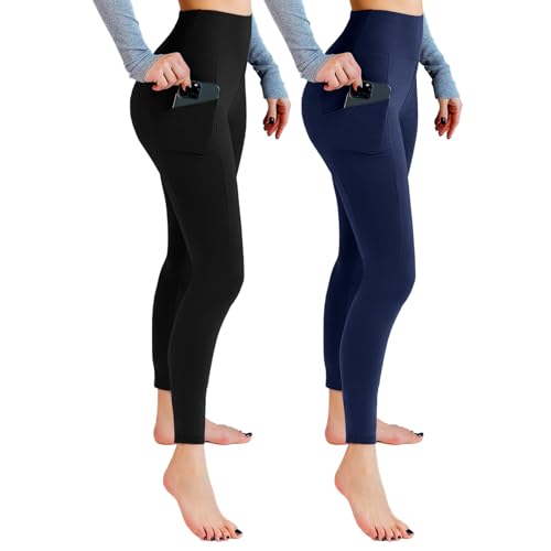 Leafigure 2er Pack Sport Leggings Damen High Waist Sporthose Damen Mit Taschen Gym Leggings Blickdicht für Sport Yoga Schwarze/Navyblau SM von Leafigure