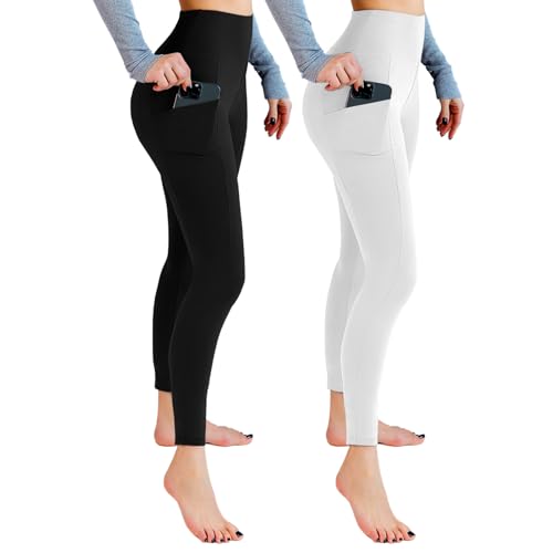Leafigure 2er Pack Sport Leggings Damen High Waist Sporthose Damen Mit Taschen Gym Leggings Blickdicht für Sport Yoga Schwarze/Weiß XXL von Leafigure