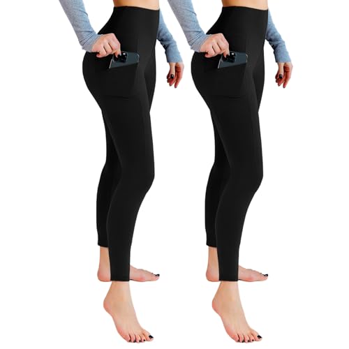 Leafigure 2er Pack Sport Leggings Damen High Waist Sporthose Damen Mit Taschen Gym Leggings Blickdicht für Sport Yoga Schwarze SM von Leafigure