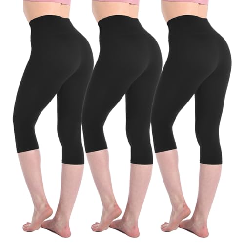 Leafigure 3er Pack Leggings Damen High Waist - 3/4 Leggins Blickdicht Schwarze für Sport Gym Yoga L-XL von Leafigure