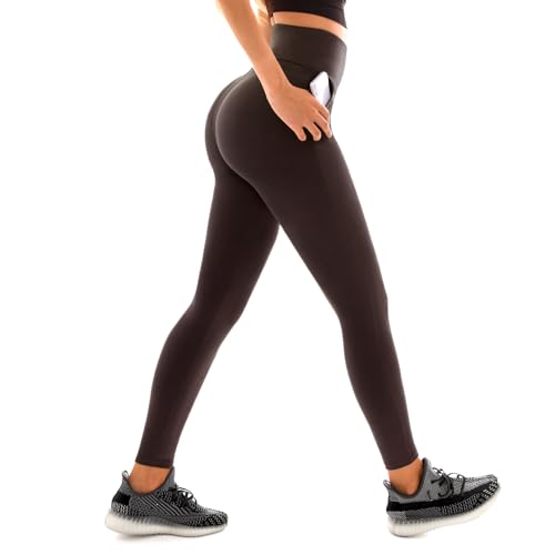 Leafigure Leggings Damen High Waist, Braun Sport Leggings mit Taschen Damen für Yoga Gym L-XL von Leafigure