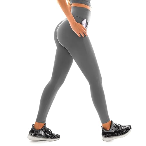 Leafigure Leggings Damen High Waist, Grau Sport Leggings mit Taschen Damen für Yoga Gym L-XL von Leafigure