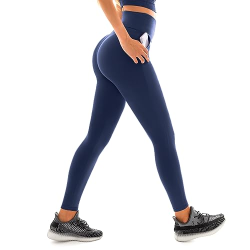 Leafigure Leggings Damen High Waist, Marineblau Sport Leggings mit Taschen Damen für Yoga Gym S-M von Leafigure