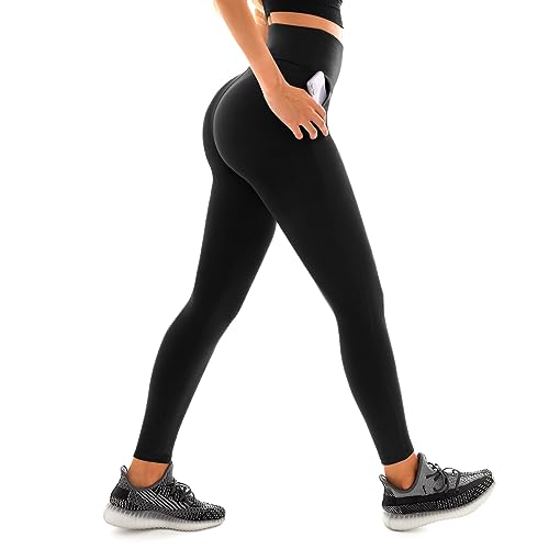 Leafigure Leggings Damen High Waist, Schwarze Sport Leggings mit Taschen Damen für Yoga Gym L-XL von Leafigure