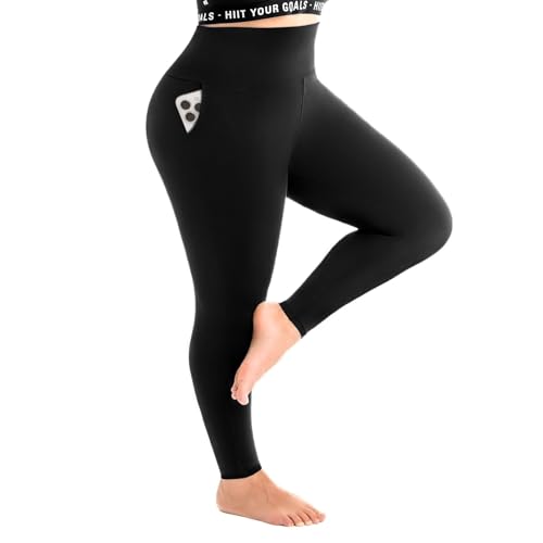 Leafigure Leggings Große Größen Damen High Waist, Schwarze Plus Size Leggings mit Taschen Damen für Sport Gym 4XL von Leafigure