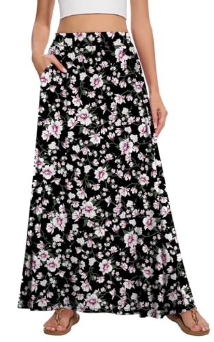 Leafsay Maxi-Sommerrock für Damen, A-Linie, elastisch, hohe Taille, fließender Rock mit Taschen, Schwarz Rosa Blume, Mittel Leafsay Maxi-Sommerrock für Damen, A-Linie, elastisch, hohe Taille, fließender Rock mit Taschen, Schwarz Rosa Blume, Mittel von Leafsay
