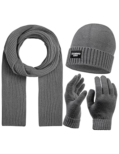 Leandro Lido Epomeo 3-teiliges Winter-Set aus Mütze, Handschuhen und Schal, für Herren. Aus weichem, wärmendem Strickmaterial, optimal für kalte Tage. In Schwarz, Grau und Blau (Grau) von Leandro Lido