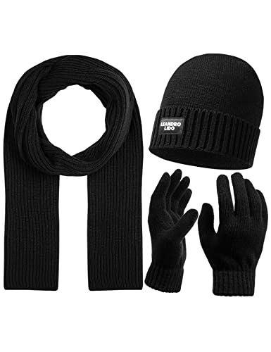 Leandro Lido Epomeo 3-teiliges Winter-Set aus Mütze, Handschuhen und Schal, für Herren. Aus weichem, wärmendem Strickmaterial, optimal für kalte Tage. In Schwarz, Grau und Blau (Schwarz) von Leandro Lido