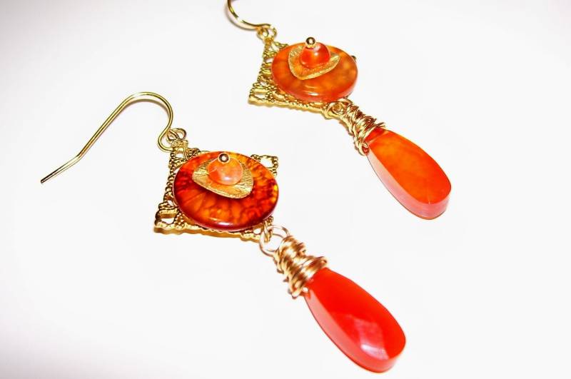 Ursprünglichen Ooak Glas Scheibe Karneol Und Gold Ohrringe von LeanesDesigns