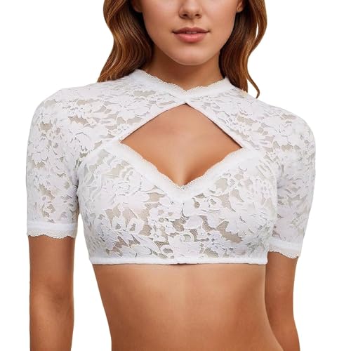 Leaomuny Dirndl Bluse Damen Weiß - Dirndlbluse Flügelärmel DirndlBlusen V Ausschnitt Trachtenbluse für Bayrische Tracht Oktoberfest Dirndlstern Blusen Trachtenmieder Schlicht Schürze von Leaomuny