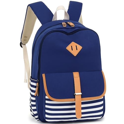 Leaper Canvas Schulrucksack für Mädchen Laptoptasche Reisetasche Büchertasche Daypack, blau gestreift, Large-more layers, Daypack Rucksäcke von Leaper