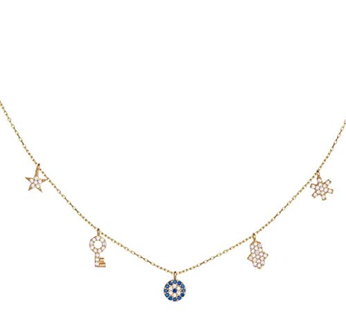 Damen Halskette 925 Sterling Silber Gold beschichtet 5 Anhänger mit Nazar Boncuk Kette Zirkonia Blau weiss Stein (Nazar Auge Evil Eye) (Gold- Glückskette) von LEARGISS