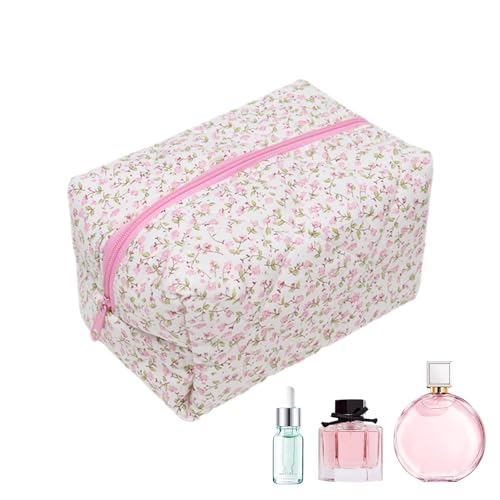 LearnLyrics Make-up Organizer Tasche, Reise Make-up Tasche - Tragbare Weiche Baumwolle Schminktasche - Aufbewahrungstasche mit gestepptem Schottenkartenfutter, Werkzeugtasche für, Rosa, 1 von LearnLyrics