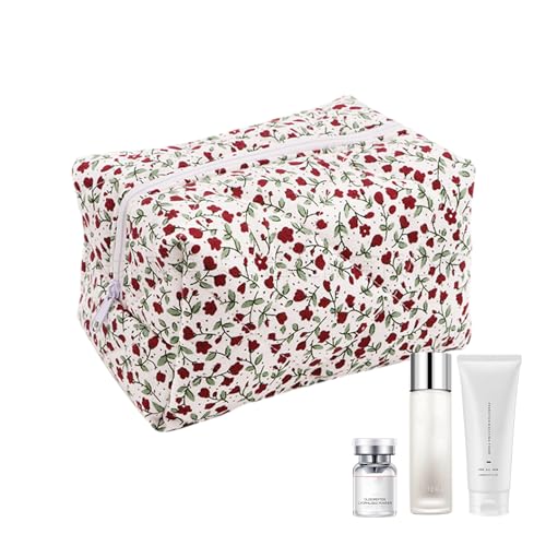 LearnLyrics Make-up Organizer Tasche, Reise Make-up Tasche - Tragbare Weiche Baumwolle Schminktasche - Aufbewahrungstasche mit gestepptem Schottenkartenfutter, Werkzeugtasche für, rot, 1 von LearnLyrics