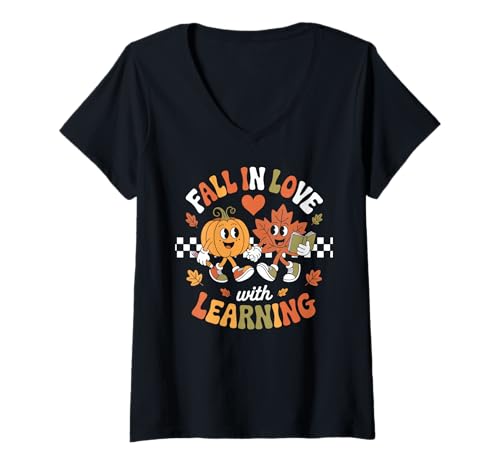 Damen Fall in Love with Learning T-Shirt mit V-Ausschnitt Damen Fall in Love with Learning T-Shirt mit V-Ausschnitt von Learning Love Fall Feels Full School Students