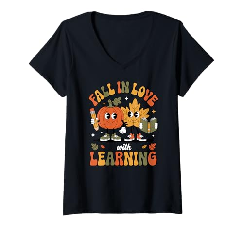Damen Fall in Love with Learning T-Shirt mit V-Ausschnitt Damen Fall in Love with Learning T-Shirt mit V-Ausschnitt von Learning Love Fall Feels Full School Students