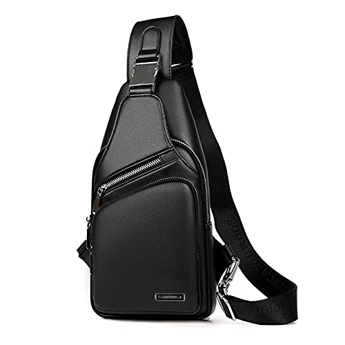 Leathario Brusttasche Leder Herren Sling Bag aus PU Leder Sling Rucksack Vintage Schulterrucksack für Arbeit und Alltag Schwarz von Leathario