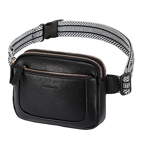 Leathario Bauchtasche Damen klein aus Veganem Leder, Crossbodybag mit Breitem Gurt,Gürteltasche zum Umhängen,Hüfttasche Schwarz zur Arbeit,Shopping Freizeit, Outdoor, Verabredungen, Reisen von Leathario