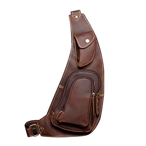 Leathario Brusttasche Herren Echtleder Crossbody Bag Sling Bag Brustbeutel Crossbag Sling Rucksack Schulterrucksack für Wandern Arbeit Radfahren Reise Braun von Leathario