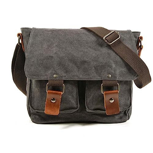 Leathario Herren Messenger Bag Umhängetasche aus Canvas und Echtleder Aktentsche Studententasche Laptoptasche 15,6 Zoll Schultertasche Kuriertasche Herrentasche Collegetasche Uni Studenten Dunkelgrau von Leathario