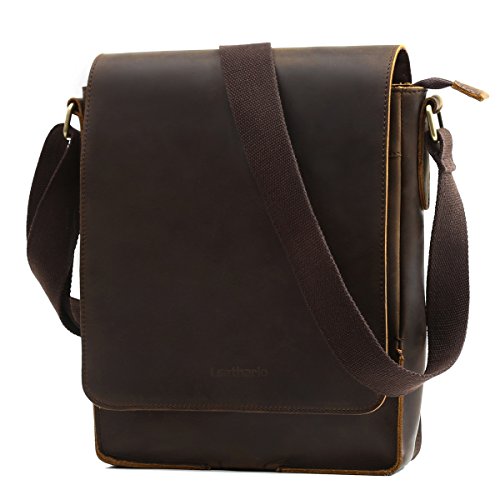 Leathario Herren Umhängetasche Schultertasche Leder 9.7Zoll Ipad mit 5 Steckfächern 25 x 7 x 31 cm für Alltage Freizeit von Leathario