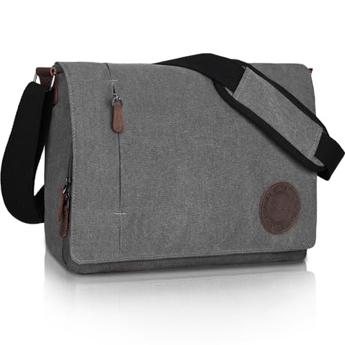 Leathario Umhängetasche Herren 13 Zoll, Messenger Bag aus Echtleder und Canvas, Arbeitstasche Studententasche Laptoptasche Schultertasche Kuriertasche Collegetasche Uni Studenten，Arbeit Grau von Leathario