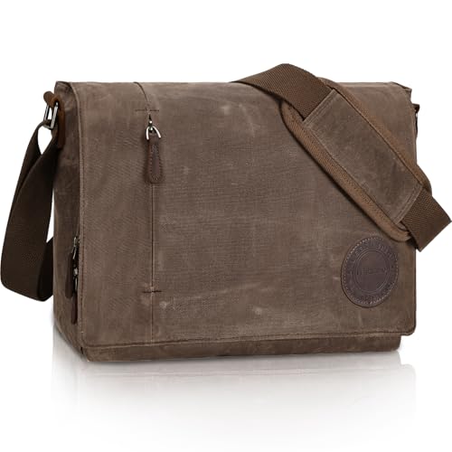 Leathario Umhängetasche Herren 13 Zoll, Messenger Bag aus Echtleder und Geöltem Segeltuch, Arbeitstasche Studententasche Laptoptasche Kuriertasche Collegetasche Uni Studenten，Arbeit Braun von Leathario