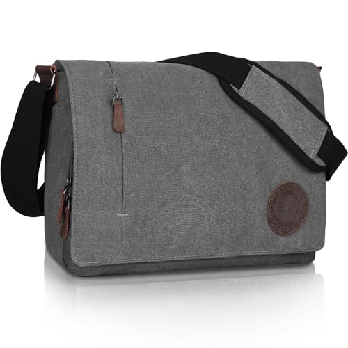 Leathario Umhängetasche Herren 14 Zoll, Messenger Bag aus Echtleder und Canvas, Arbeitstasche Studententasche Laptoptasche Schultertasche Kuriertasche Collegetasche Uni Studenten，Arbeit Grau von Leathario