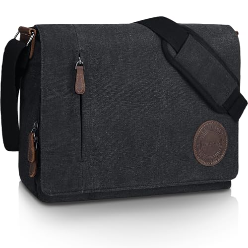 Leathario Umhängetasche Herren 15,6 Zoll, Messenger Bag aus Echtleder und Canvas, Arbeitstasche Studententasche Laptoptasche Zoll Schultertasche Kuriertasche Collegetasche Uni Studenten，Arbeit Schwarz von Leathario